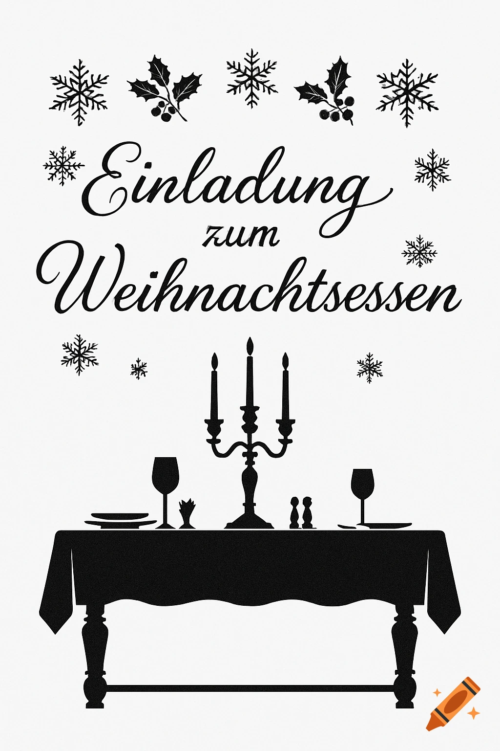 Black and white silhouette illustration of a Christmas dinner invitation, featuring a set table, candelabra, and text "Einladung zum Weihnachtsessen" surrounded by holly and snowflakes.