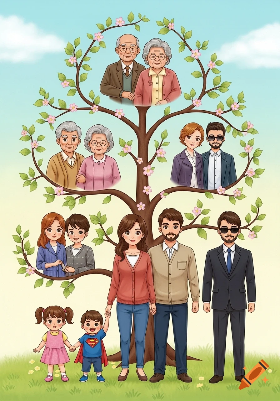 Cartoon illustration of a family tree with grandparents, parents, aunts, uncles, and two children standing in a grassy field.