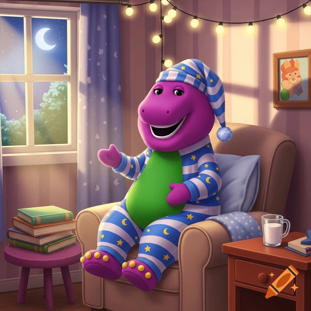 Barney the purple dinosaur in blue and white striped pajamas and a nightcap sits in an armchair in a cozy bedroom at night, with books and a glass of milk nearby.