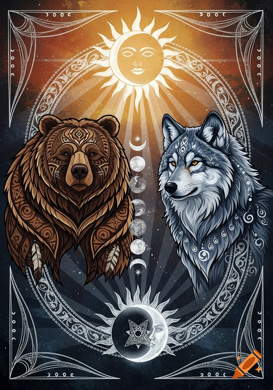 Stylized illustration of a brown bear and a grey wolf with intricate patterns, set against a cosmic background with sun, moon, and celestial symbols.