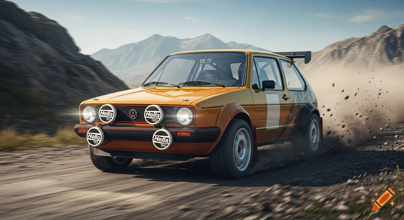 An orange and brown rally Volkswagen Golf 1 drives on a dirt road, kicking up dust, with mountains in the background.