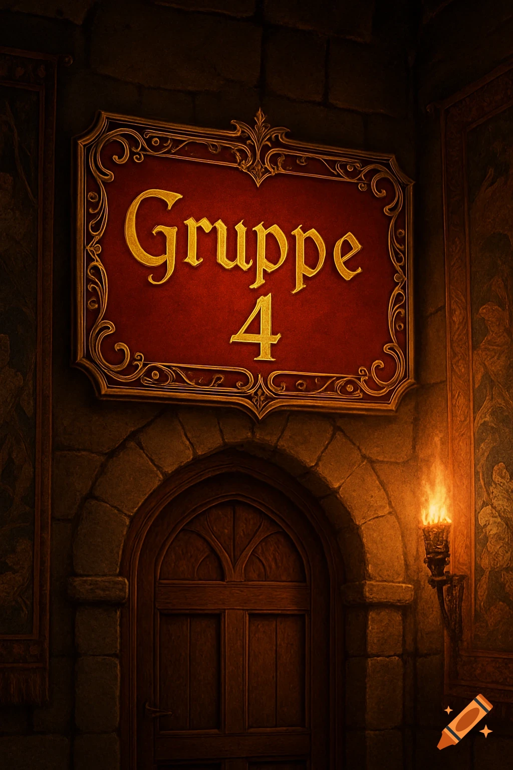 An ornate red and gold sign reads "Gruppe 4" above a dark wooden door in a stone archway, lit by a torch.