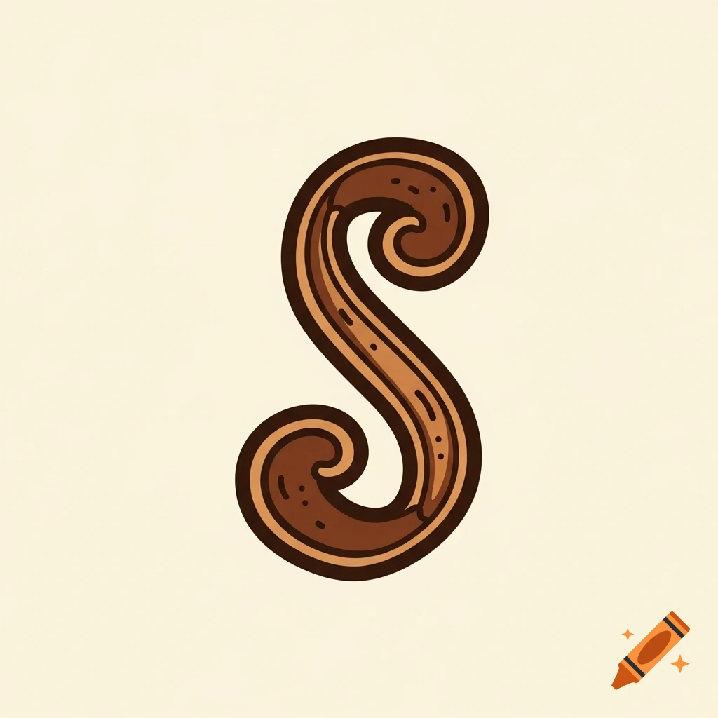 Stylized capital letter S, resembling a cinnamon stick with decorative swirls, on a cream background.