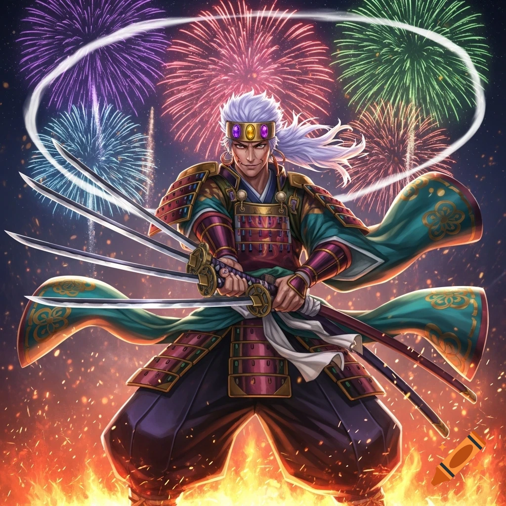 Anime-style samurai with white hair and jeweled headband, wielding multiple swords, stands in flames under colorful fireworks.