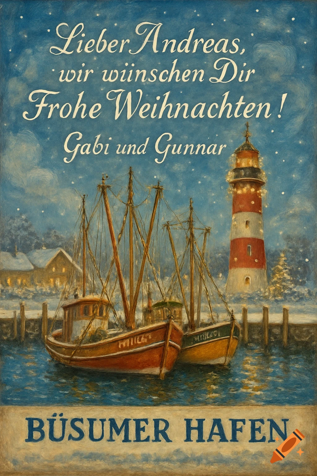 A Christmas painting of Büsumer Hafen with fishing boats, a lighthouse, falling snow, and German text greetings.