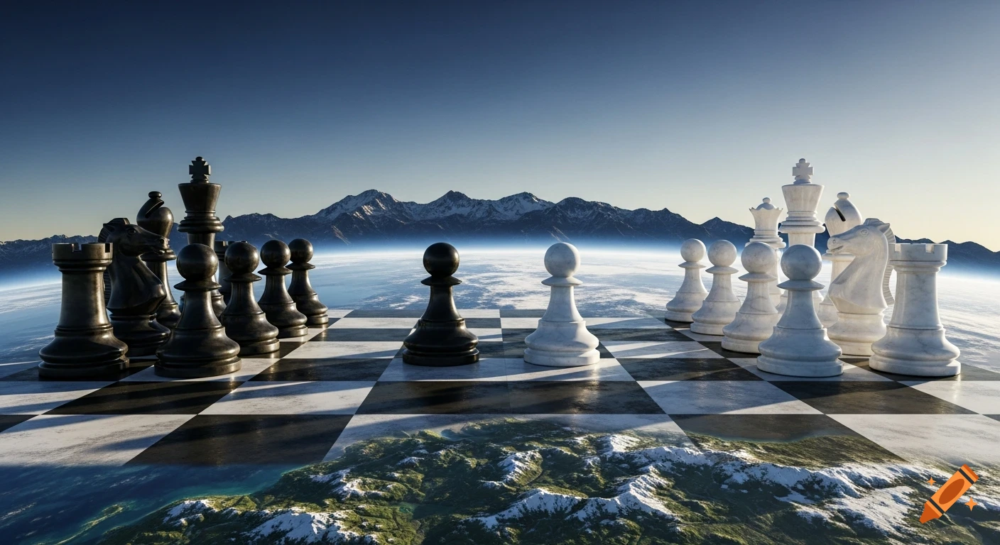 Photorealistic 3D rendering of a massive chessboard on an Earth globe, with black and white chess armies facing across the horizon, mountains below.