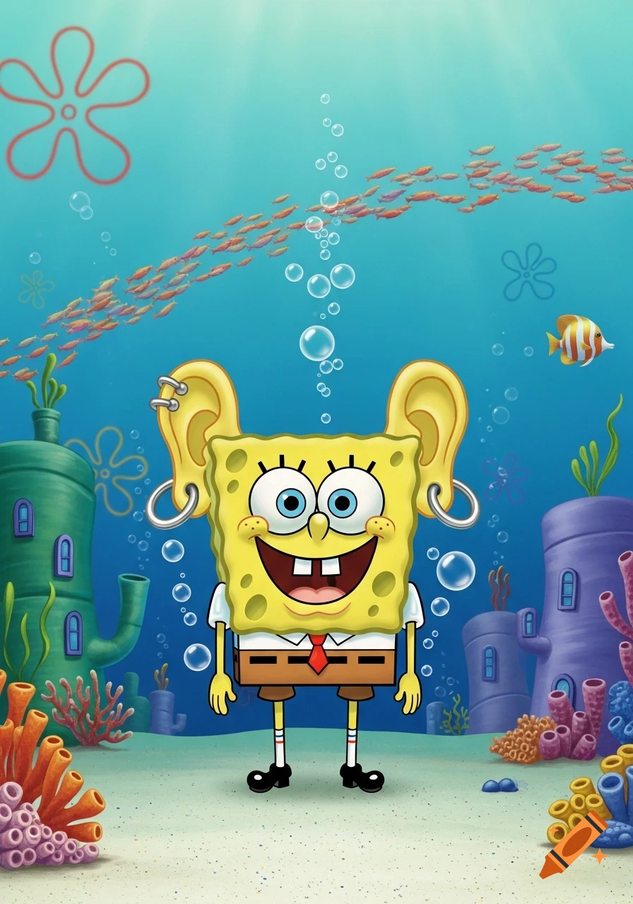 A cartoon Spongebob Squarepants stands underwater with two large, human-like pierced ears, surrounded by fish and coral.