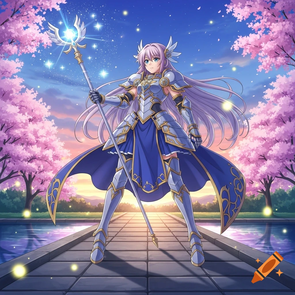 Anime magical girl knight with a glowing staff stands on a stone path amid pink cherry blossom trees under a starlit sunset sky.