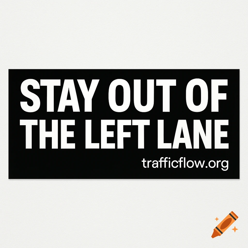 A black bumper sticker with white bold text saying 'STAY OUT OF THE LEFT LANE' and 'trafficflow.org' below.