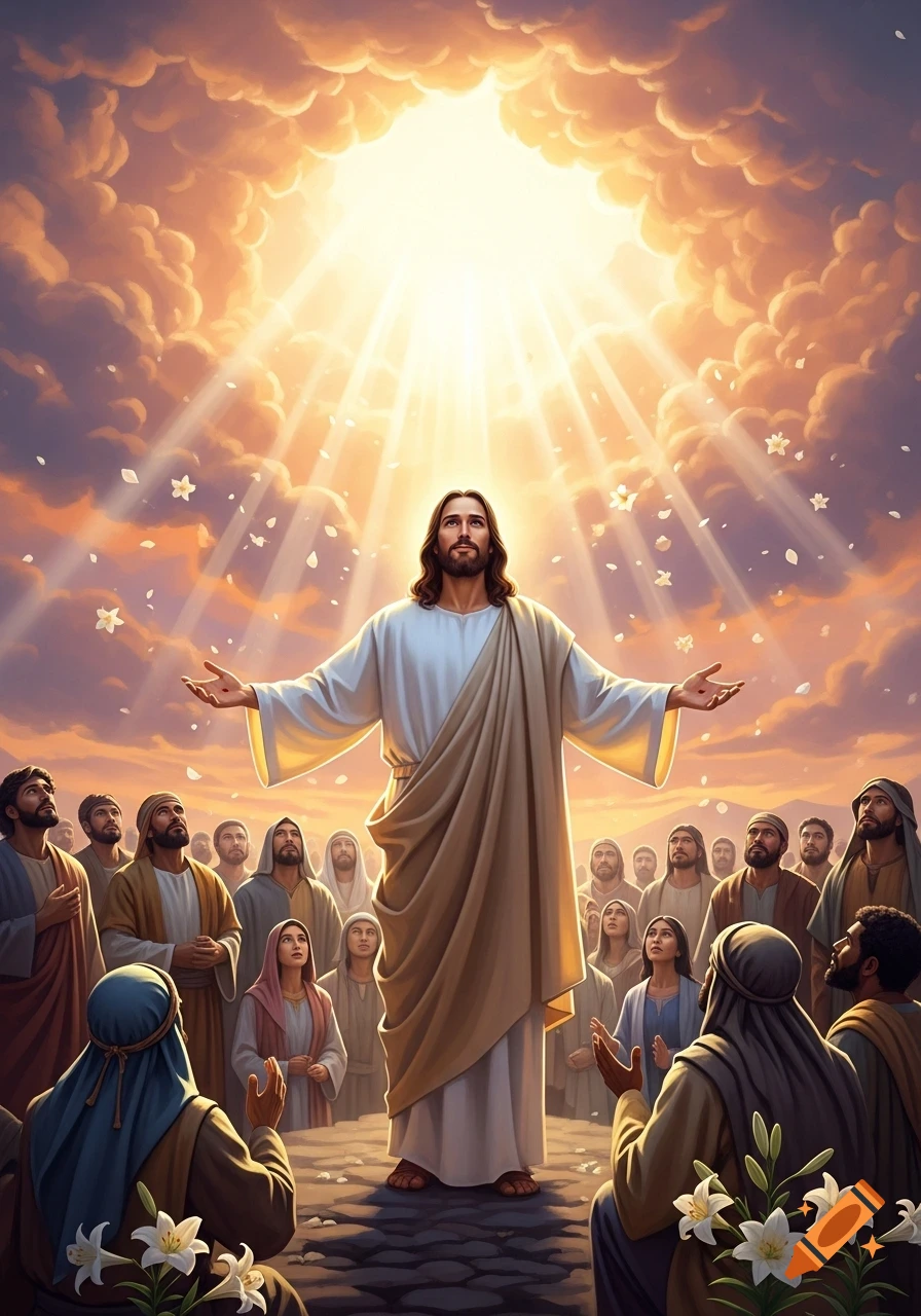 Jesus stands with outstretched arms, bathed in heavenly light from a cloudy sky, surrounded by a crowd looking up, in a religious illustration.