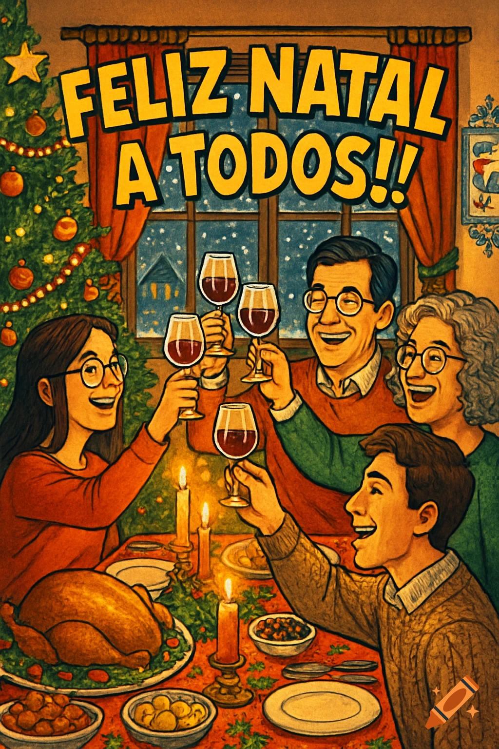 A comic-style illustration of a family of four toasting with wine glasses at a Christmas dinner table with a tree. Text reads 'FELIZ NATAL A TODOS!!'.