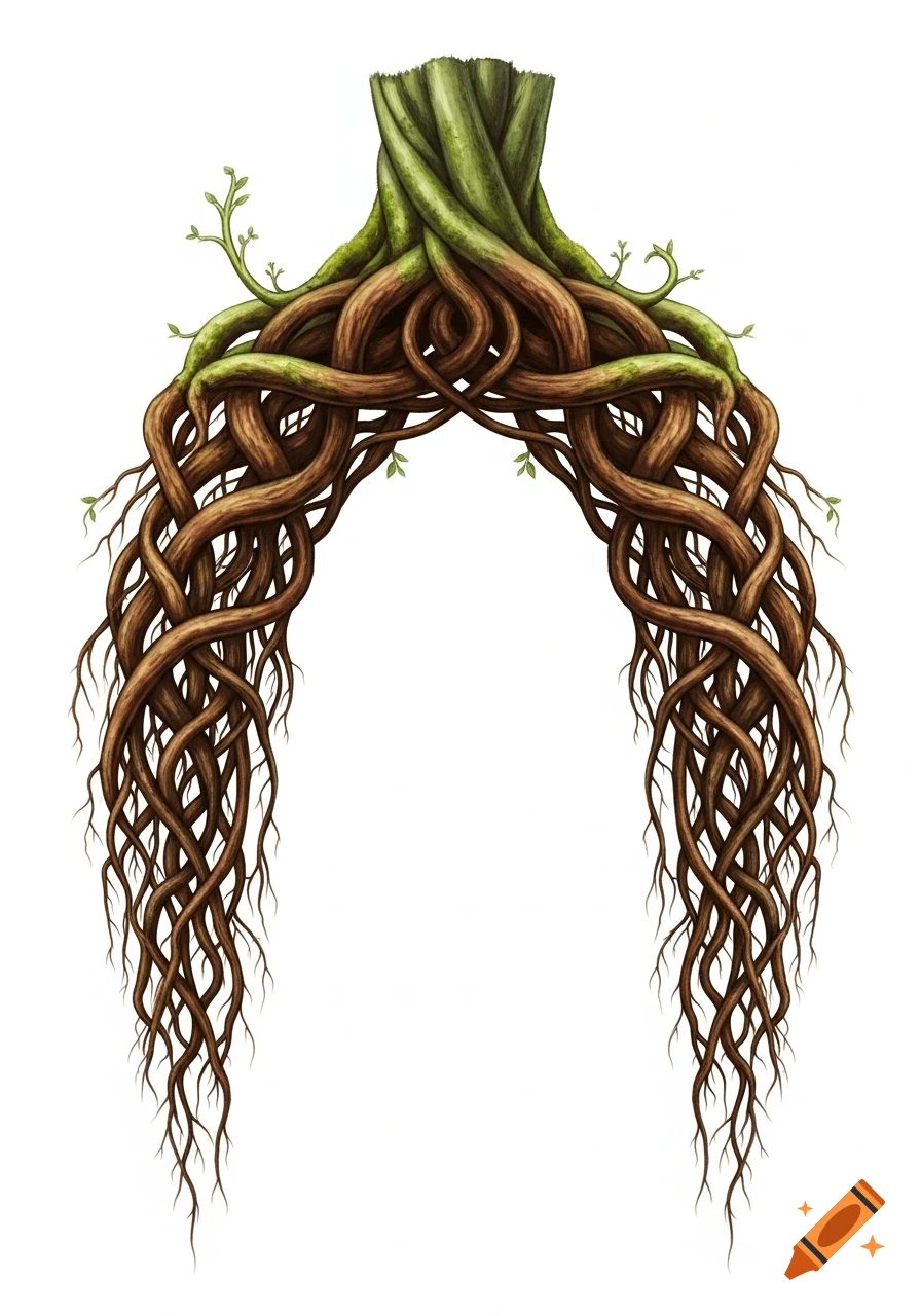 Digital illustration of a semicircular arch of intricately intertwined brown tree roots with green sprouts on a white background.