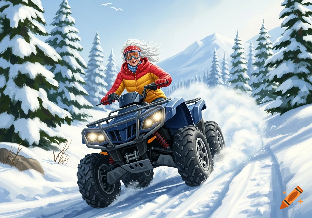 An excited elderly woman in ski goggles and a red and yellow jacket rides a blue ATV through deep snow in a snowy mountain illustration.