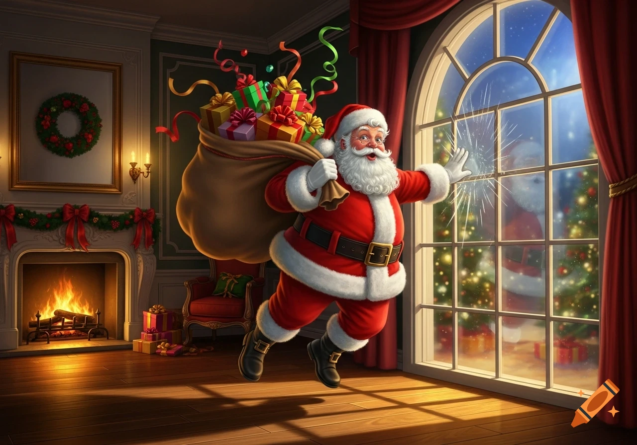 Santa Claus crashes into a large decorated window, carrying a sack of gifts, in a festive room with a fireplace.