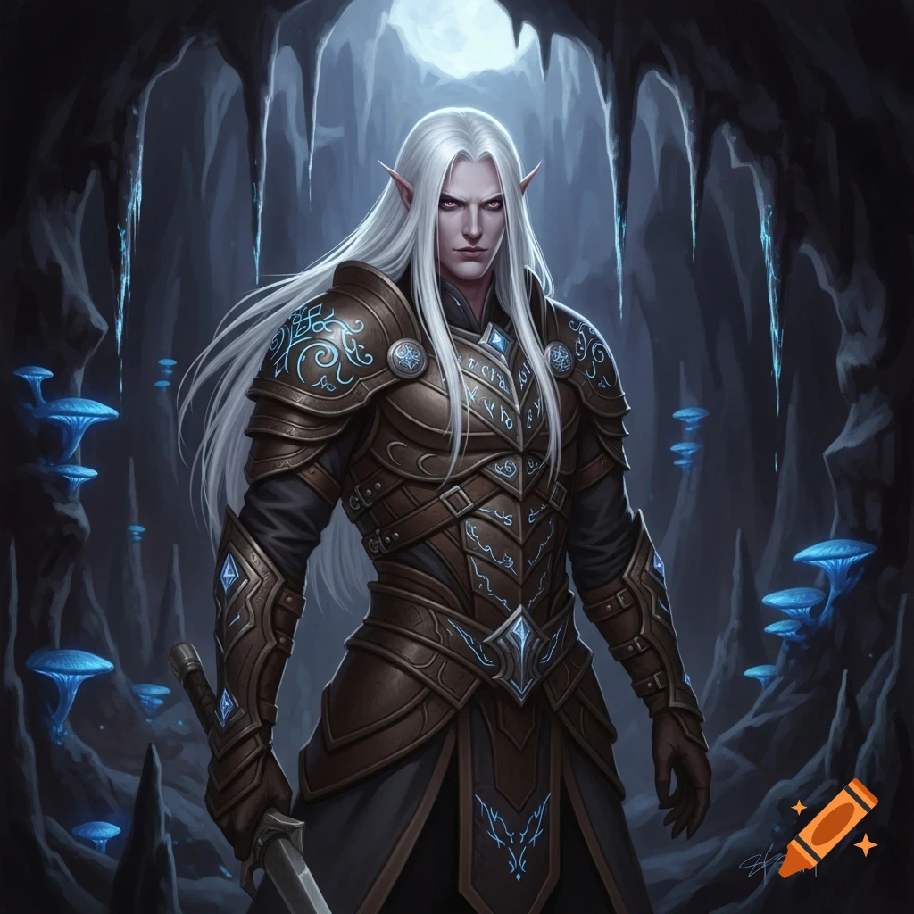 A serious male elf with long white hair and red eyes wears intricate brown and blue armor, standing in a dark cave with glowing blue mushrooms.