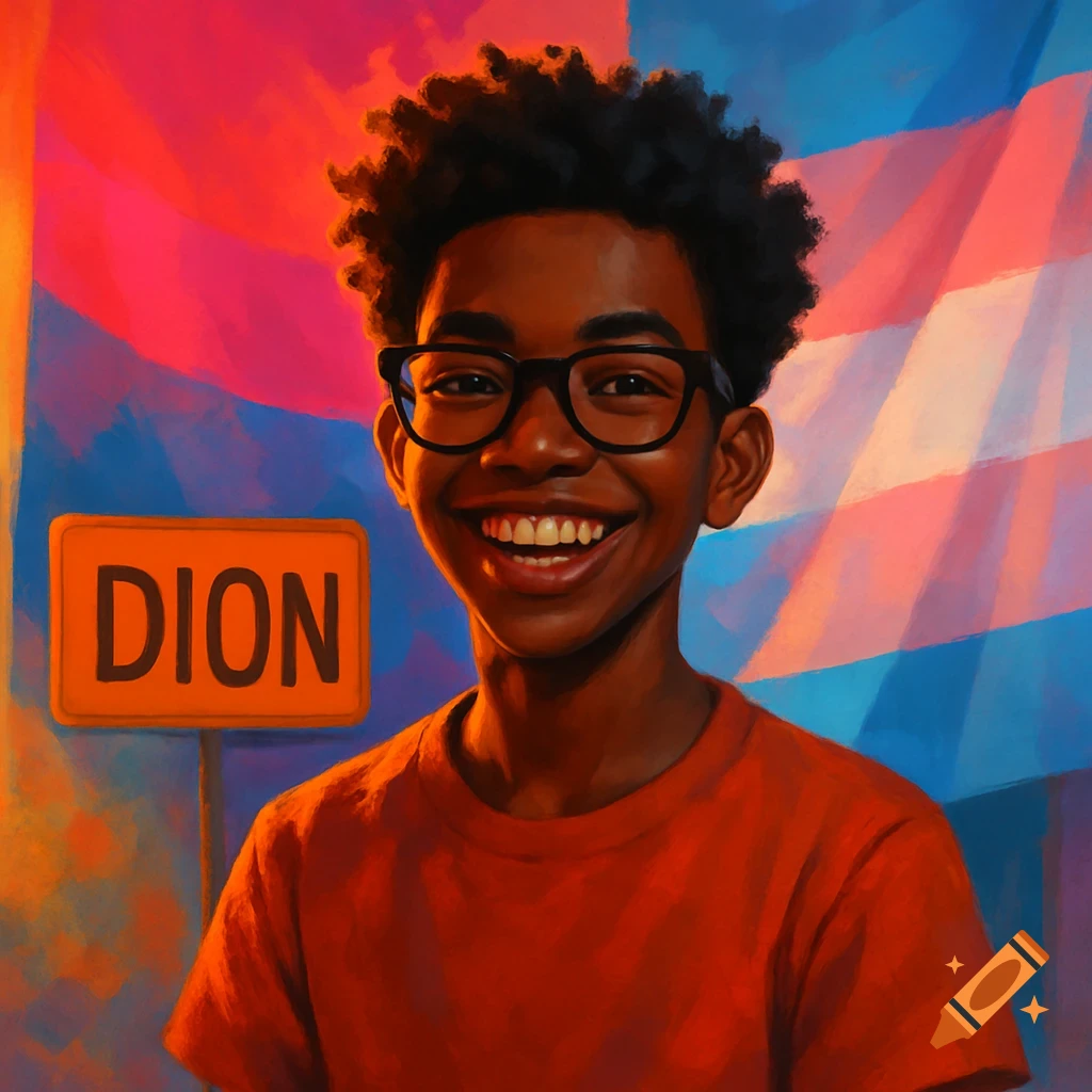 A smiling teenage boy with dark skin and afro hair, wearing glasses, stands next to a 'DION' sign in front of a bisexual and transgender flag.
