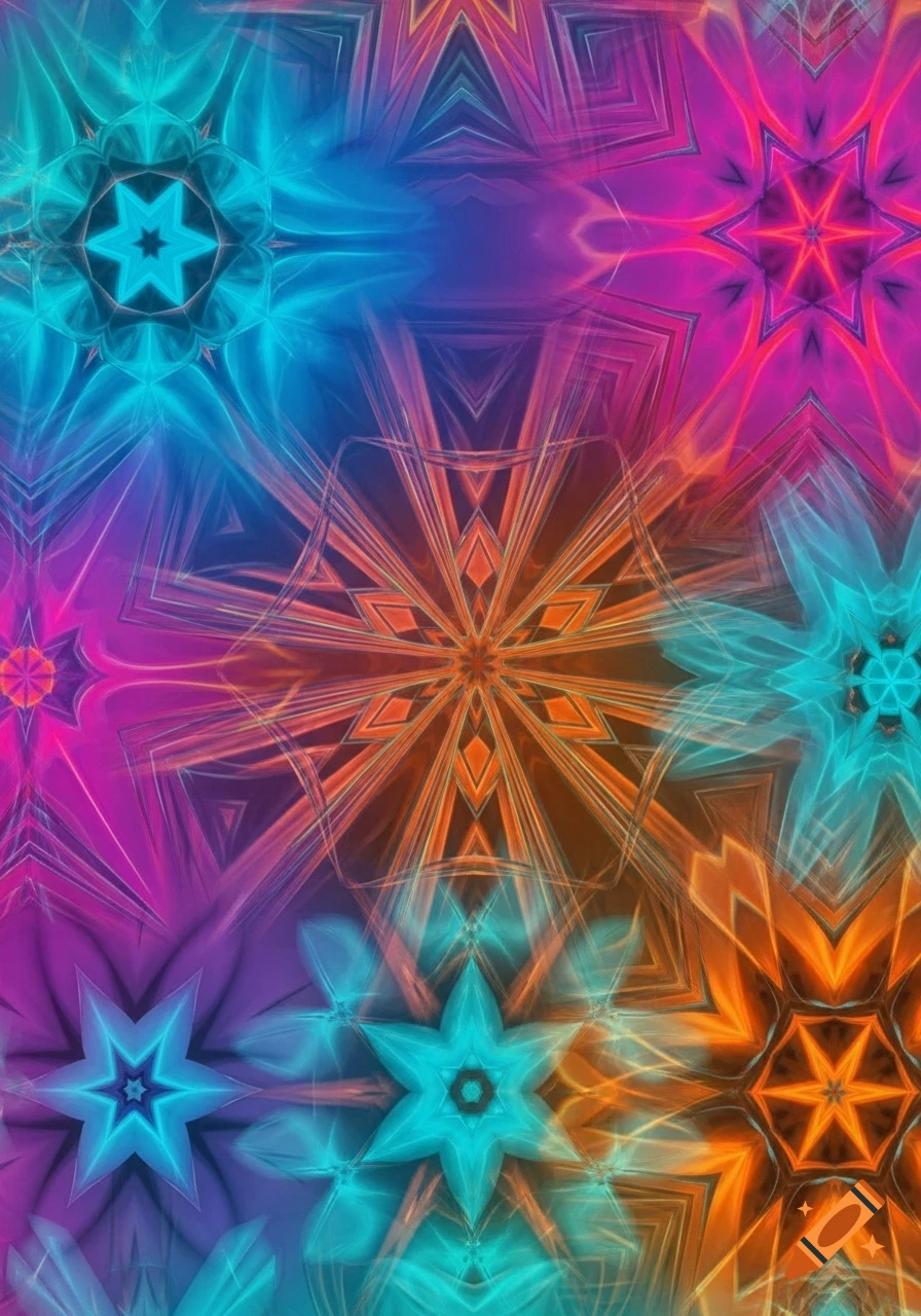 A vibrant abstract pattern of glowing blue, orange, pink, and purple geometric and star-like shapes, resembling a kaleidoscope.