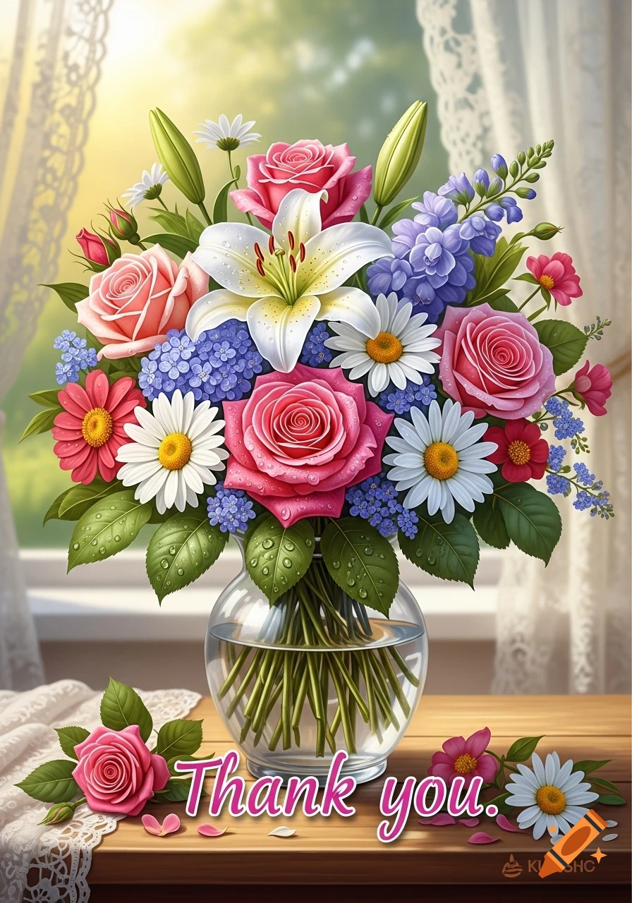 Vibrant bouquet of pink roses, white lilies, and daisies in a glass vase on a table, with 'Thank you.' text.