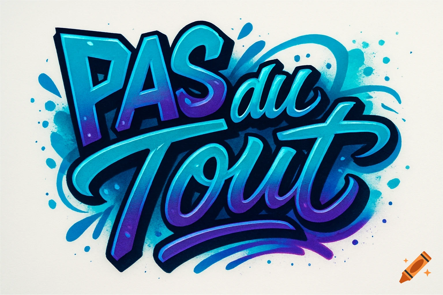Stylized graffiti art spells out "PAS du TOUT" in vibrant blue and purple gradients with paint splatters on a white background.