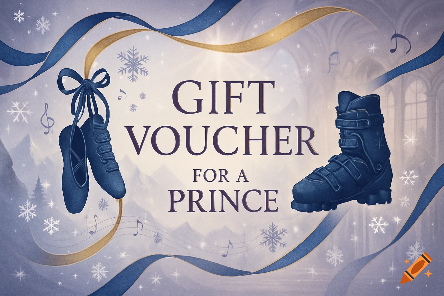 Illustrated gift voucher for a prince, featuring blue ballet shoes, a ski boot, snowflakes, and ribbons on a winter castle background.