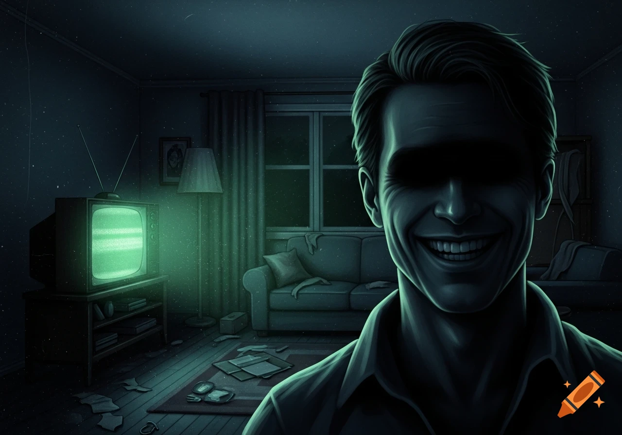 A creepy smiling man with a blacked-out face in a dark, messy room with a static TV, in a horror art style.