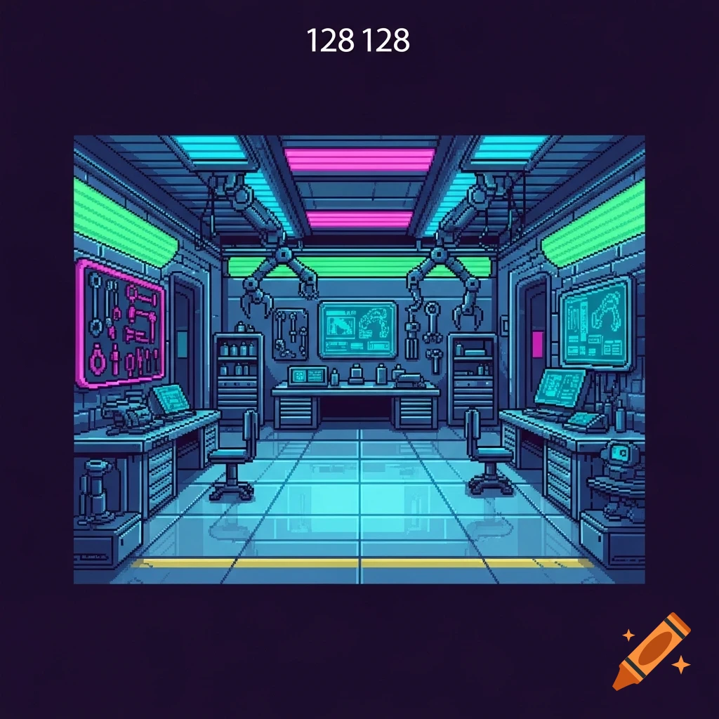 Engine Room Pixel Pixel art futuristic garage interior with neon lights, tools, screens ...