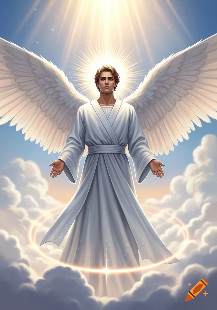 A male angel in a white robe with large white wings stands in clouds, bathed in bright divine light, arms slightly open.
