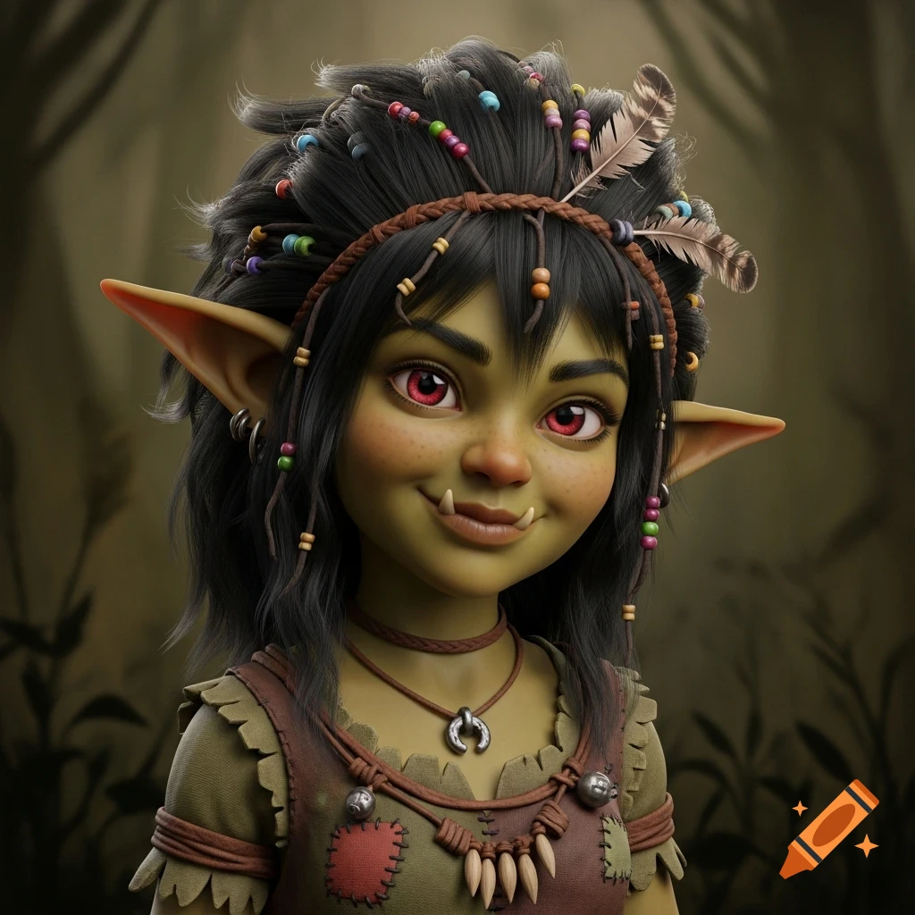 A cute, stylized goblin girl with green skin, red eyes, tribal attire, beads, and feathers in her dark hair.