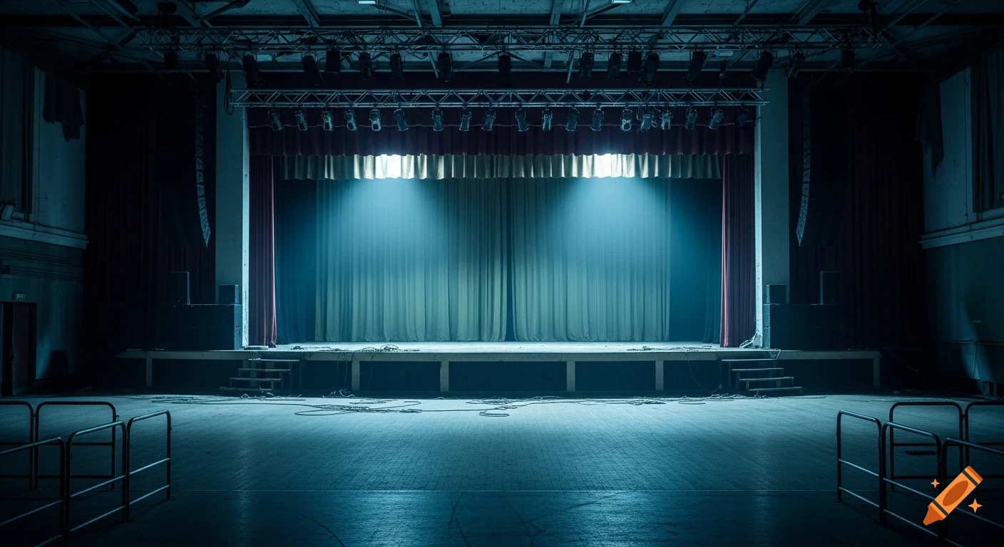 An abandoned concert stage in a large, dark venue, illuminated by dim blue lights, with worn floorboards and heavy curtains.