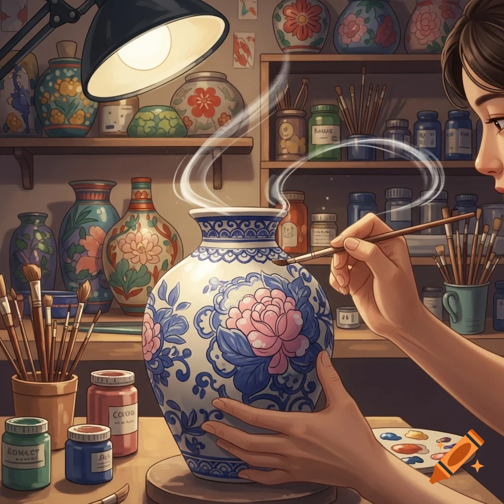 A person intently paints intricate blue and pink floral patterns on a white ceramic vase in a pottery studio, surrounded by tools and other decorated vases.