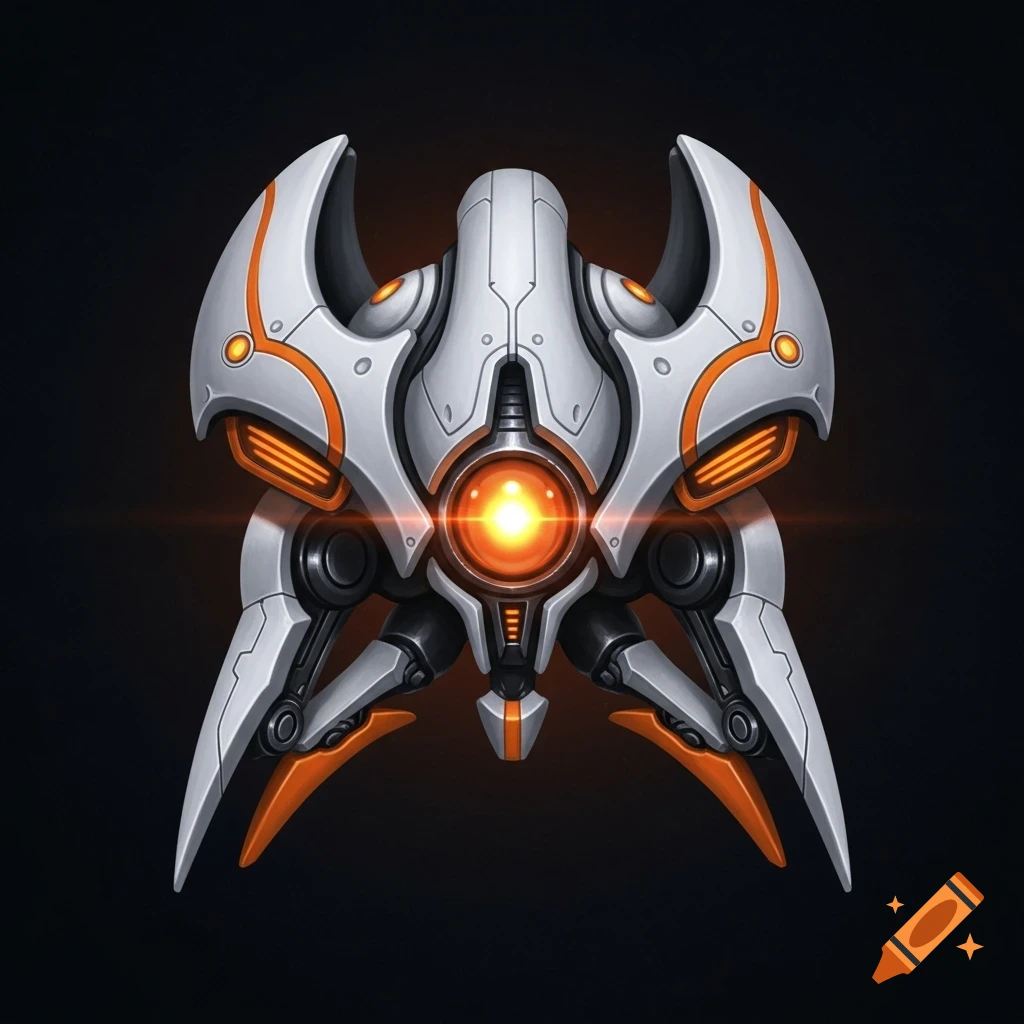 A white and orange robotic drone with a glowing orange lens, designed in a sci-fi style against a dark background.