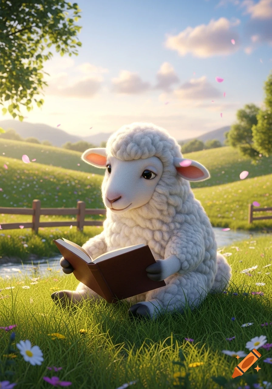 A cute, fluffy sheep sits in a green meadow filled with flowers, reading an open book under a sunny sky with pink petals falling.