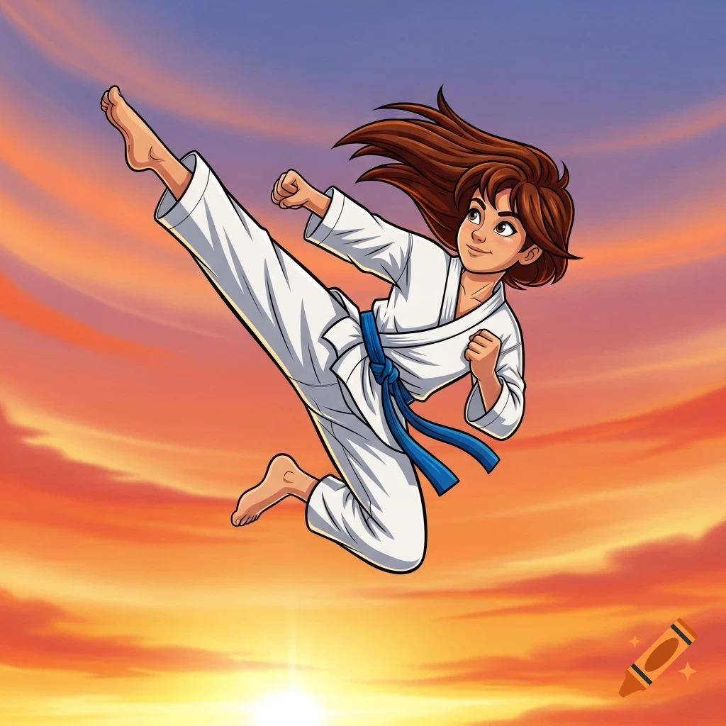 A cartoon illustration of a girl in a white karate gi with a blue belt, mid-air doing a high kick against a vibrant orange and pink sunset sky.