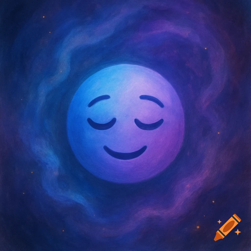 A serene blue and purple emoji-like face with closed eyes smiles, centered in a cosmic nebula with glowing specks.