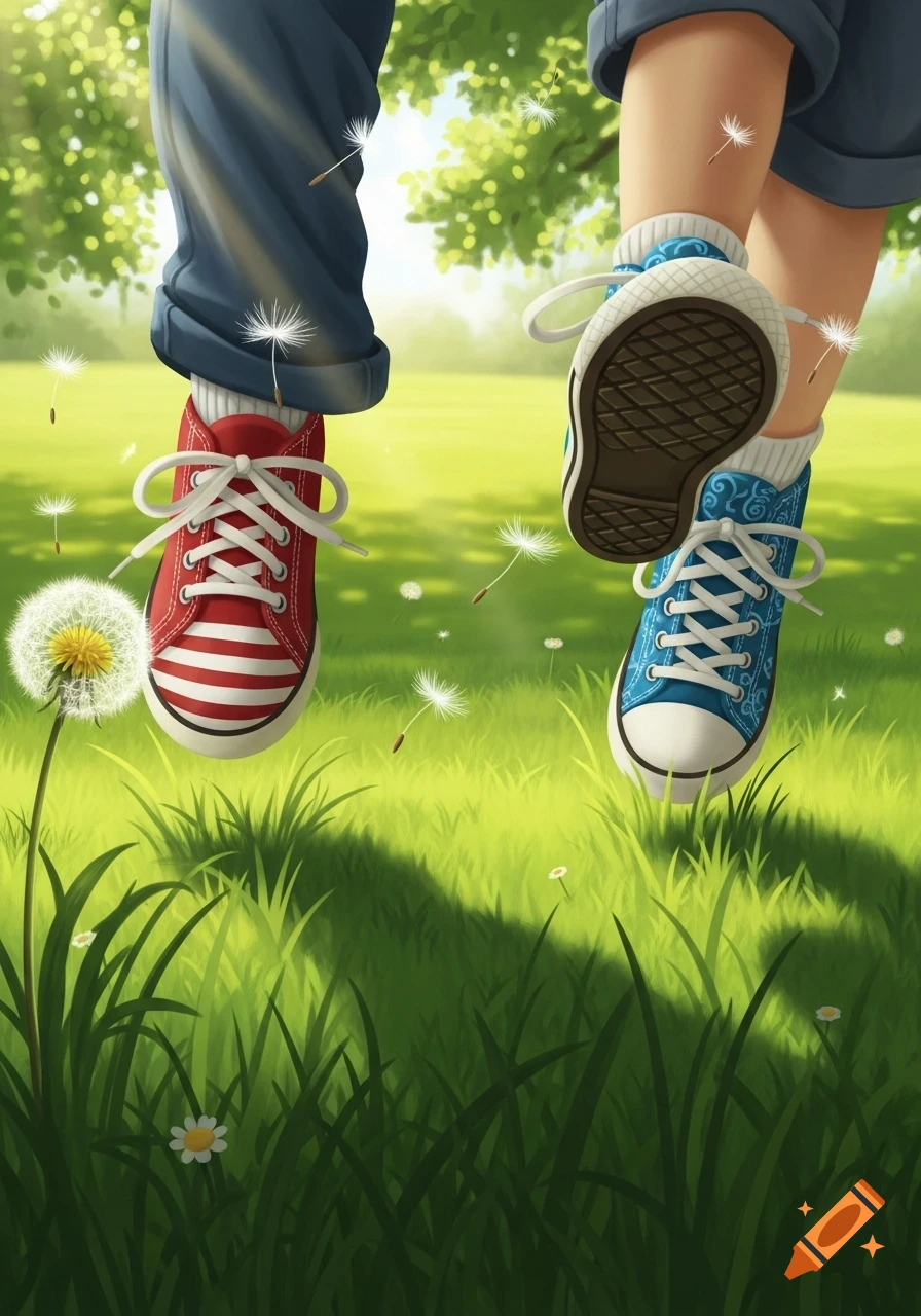 Close-up illustration of two pairs of feet in red and blue sneakers walking through a sunny green field with dandelions.