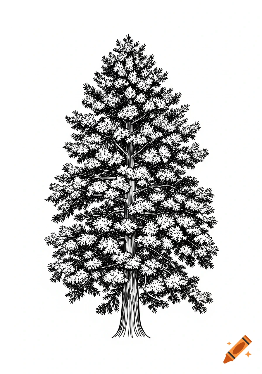 A black and white line art illustration of a cedar tree standing upright.