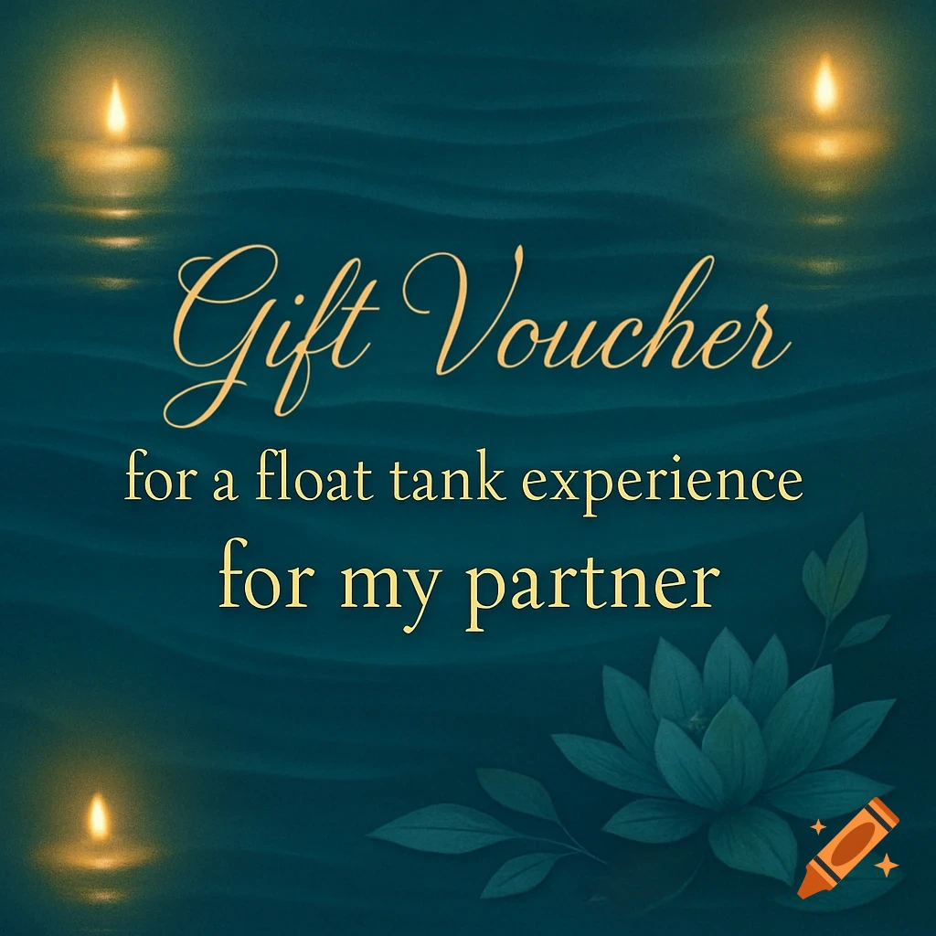A gift voucher with golden text "Gift Voucher for a float tank experience for my partner" against a deep teal background with ripples, lit by three floating candles and a lotus flower.