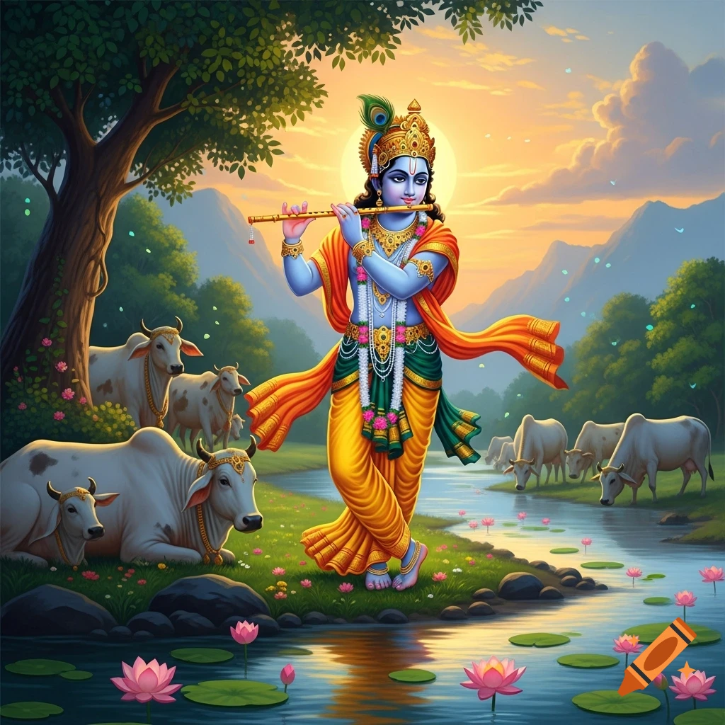 Lord Krishna, blue-skinned and adorned, plays a flute by a river with lotus flowers and cows under a vibrant sunset.