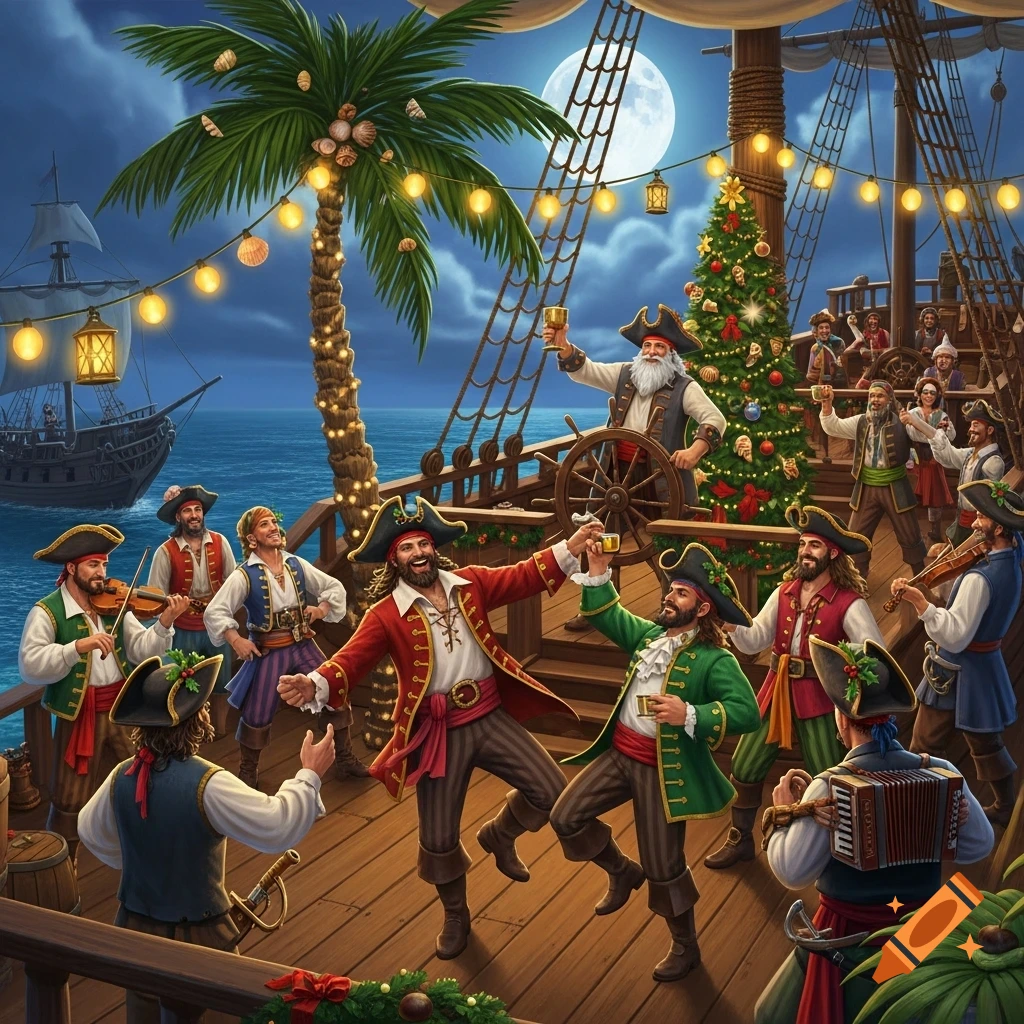 Vibrant illustration of pirates celebrating a Christmas party on a ship deck at night, with a decorated palm tree and Christmas tree.