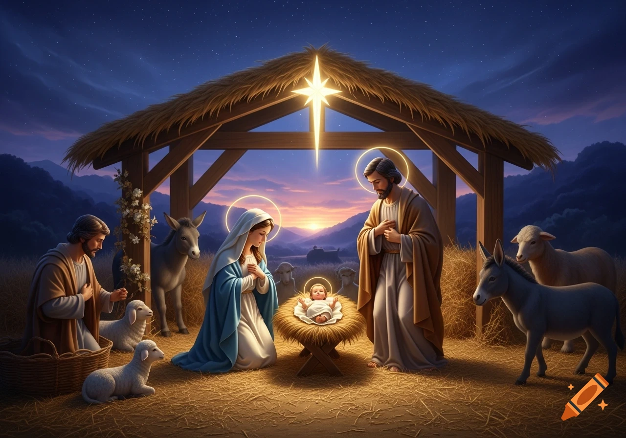A glowing star shines over Mary, Joseph, and baby Jesus in a manger, surrounded by sheep and donkeys in a serene Nativity scene at night.