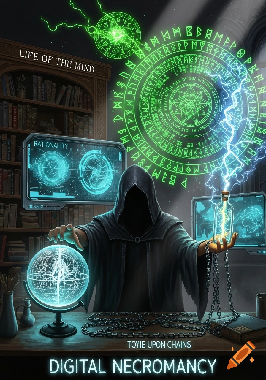 A cloaked figure in a library setting, surrounded by glowing green mystical symbols and technological screens, holding a glowing globe and a bottle with lightning.