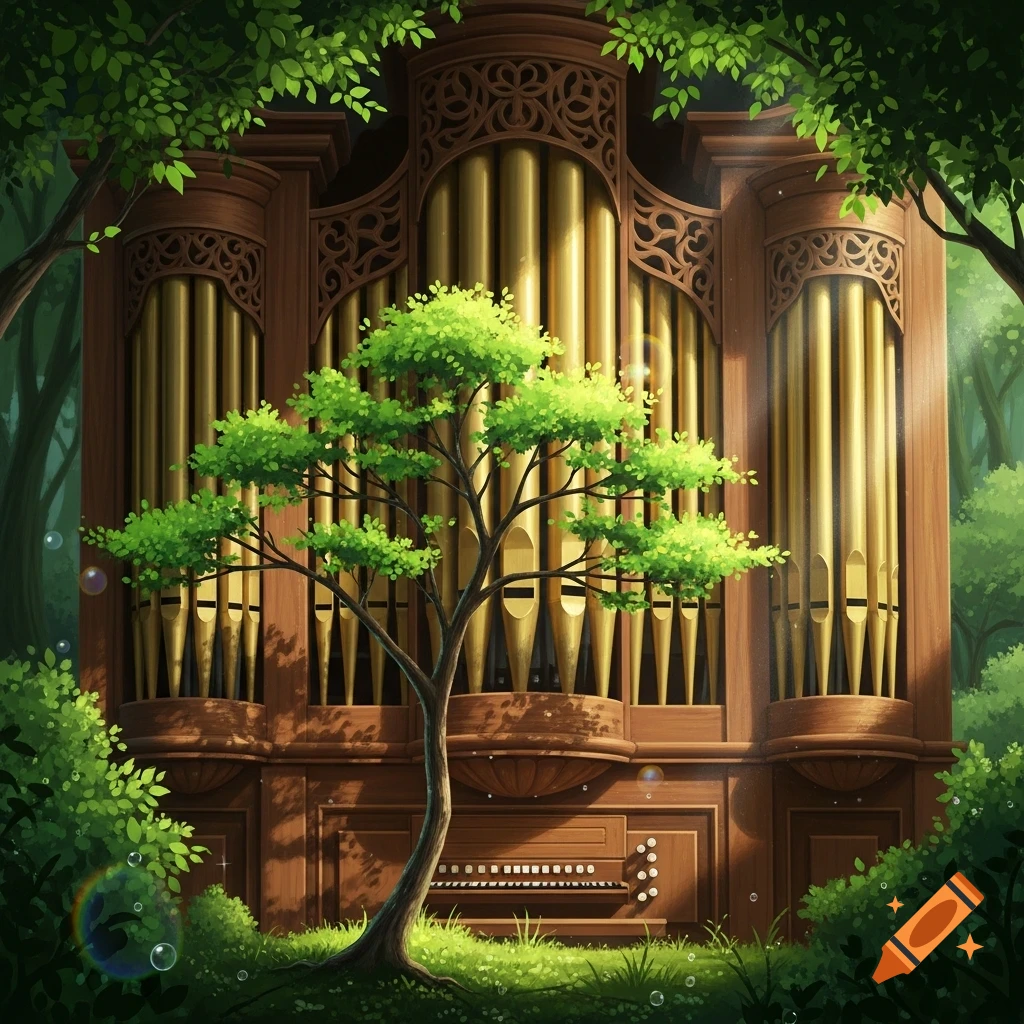 A majestic pipe organ with golden pipes stands in a lush green forest, partially obscured by a small tree. Digital illustration.