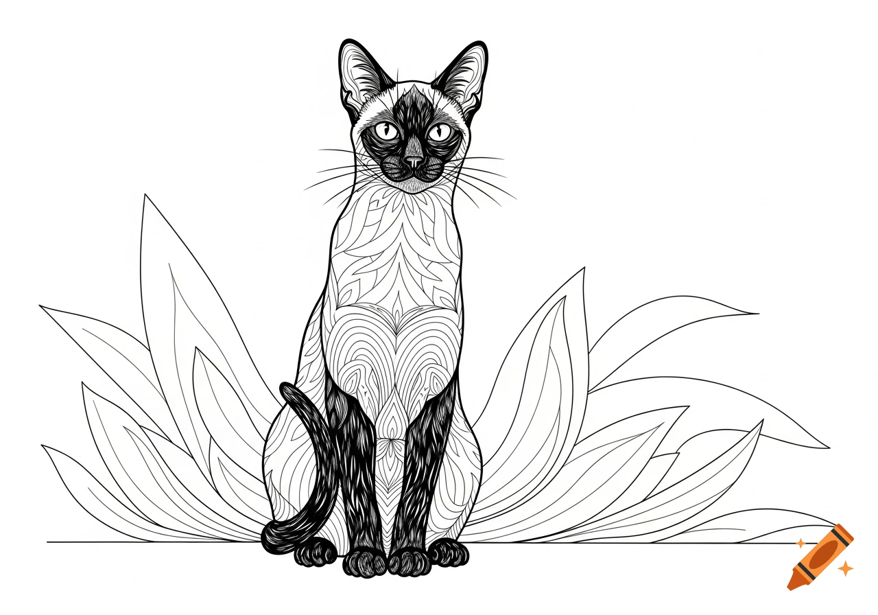 A black and white line art illustration of an elegant Siamese cat sitting with decorative patterns on its body, surrounded by stylized leaves, in a coloring page style.