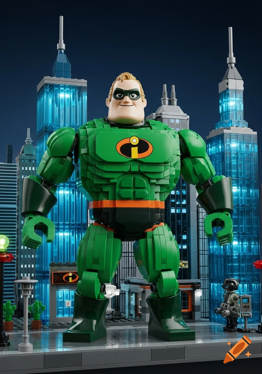 A large green Lego Mr. Incredible stands in a miniature city with glowing blue skyscrapers.