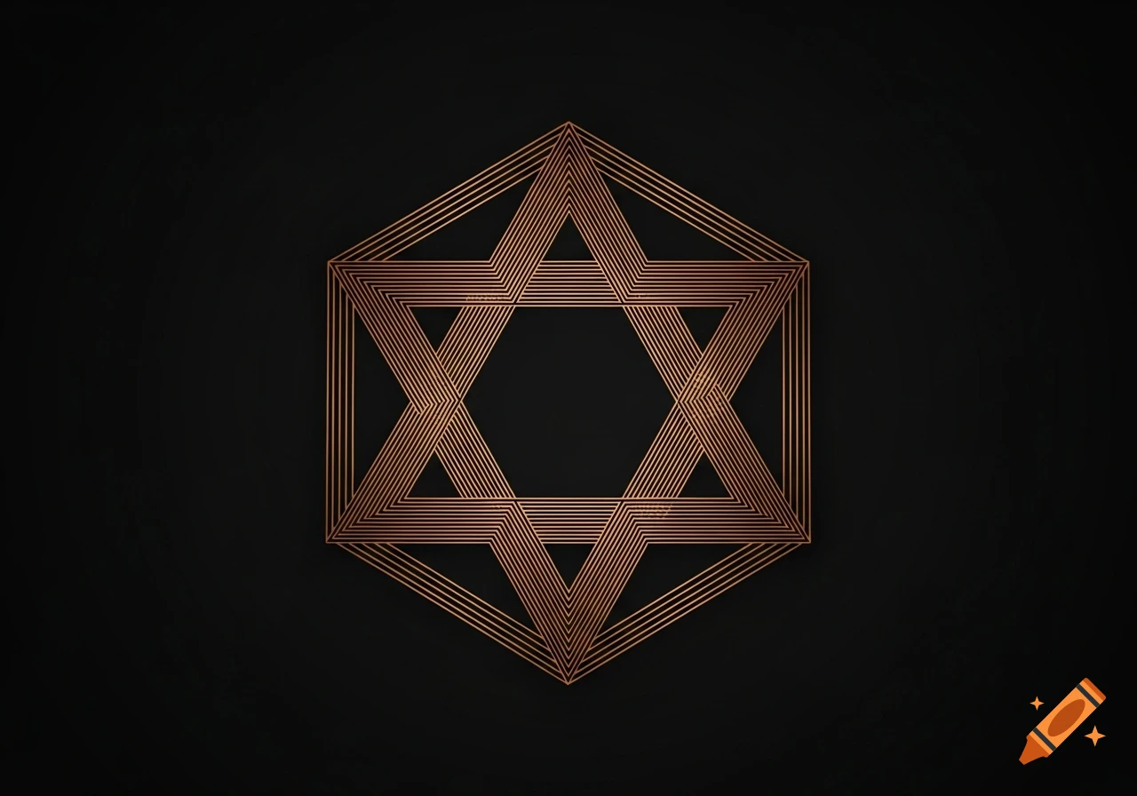 A detailed copper unicursal hexagram made of fine metallic lines, centered on a dark background.