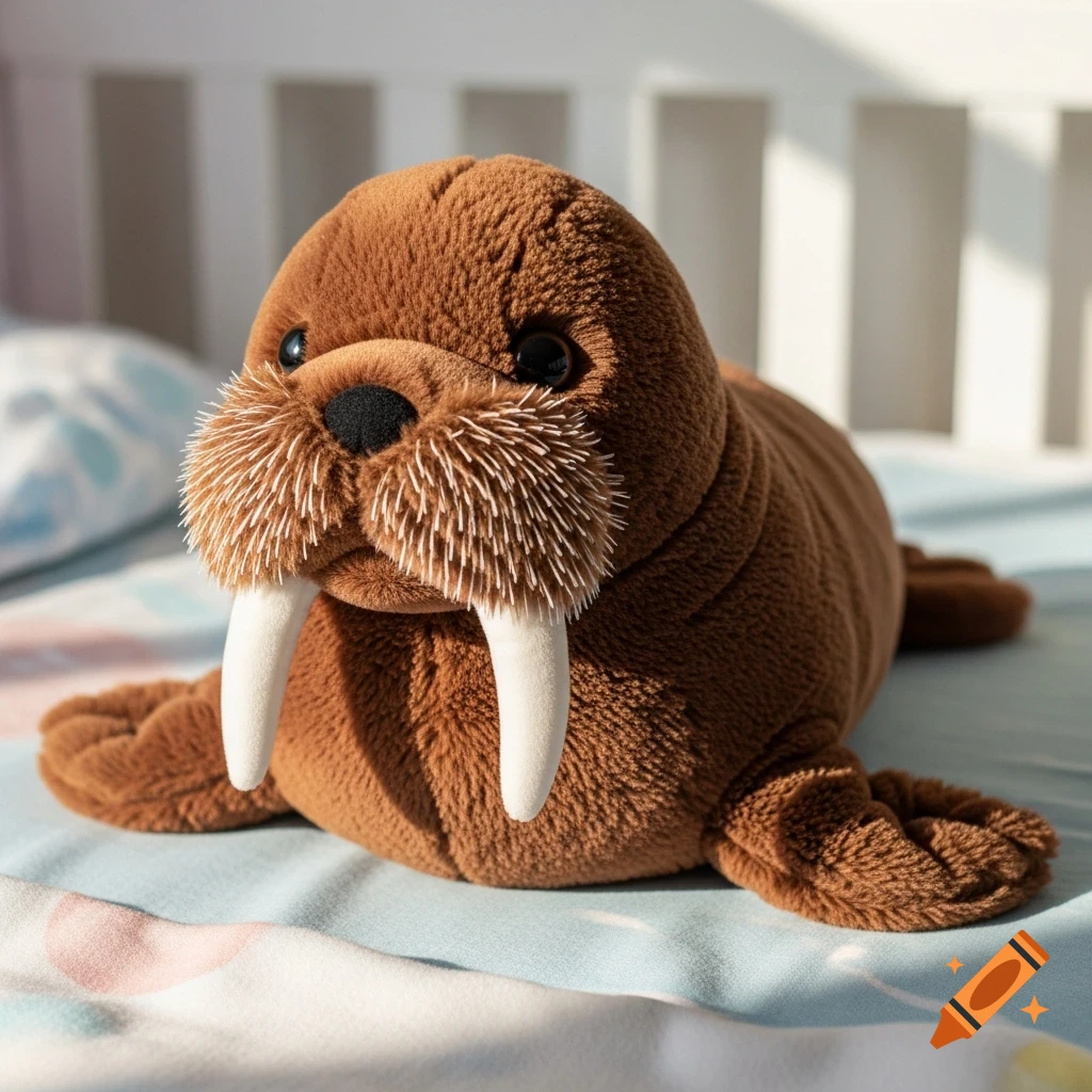 A soft brown walrus stuffed animal with white tusks and a fluffy mustache lies on a light blue patterned bed.
