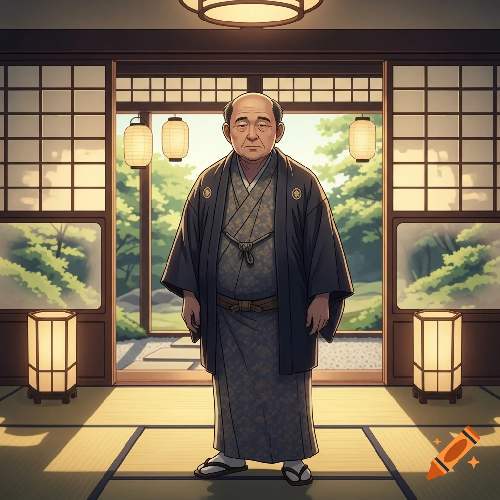 Elderly balding Japanese man in traditional robes stands inside a Japanese house with shoji screens and a garden view, in an illustrative style.