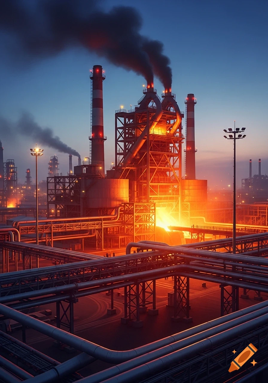 A dramatic night view of a large industrial facility with glowing molten metal, numerous pipes, smokestacks emitting smoke, and bright lights.