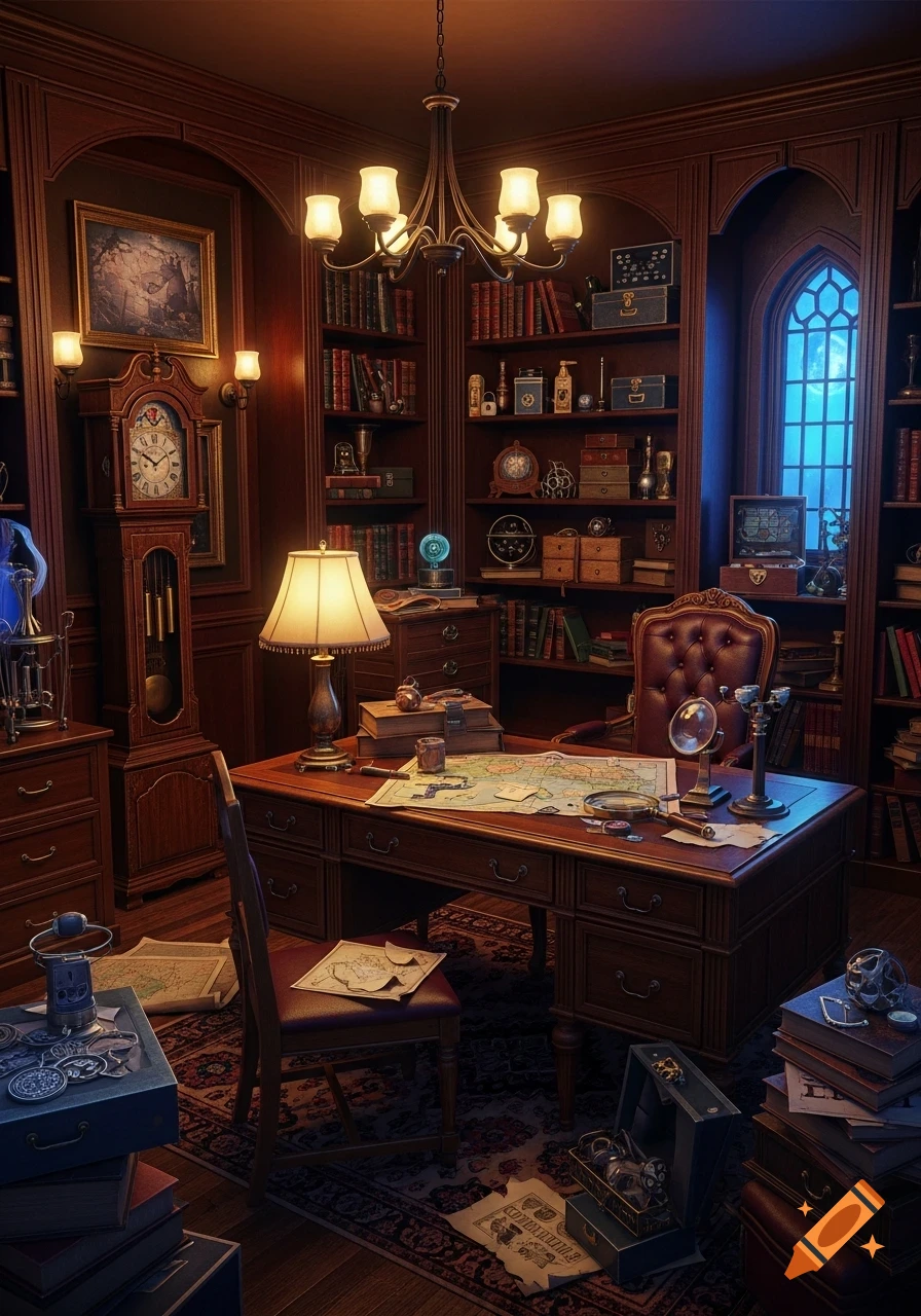 A richly decorated vintage study or library filled with wooden bookshelves, a large desk with maps, an old grandfather clock, and a gothic window at night.