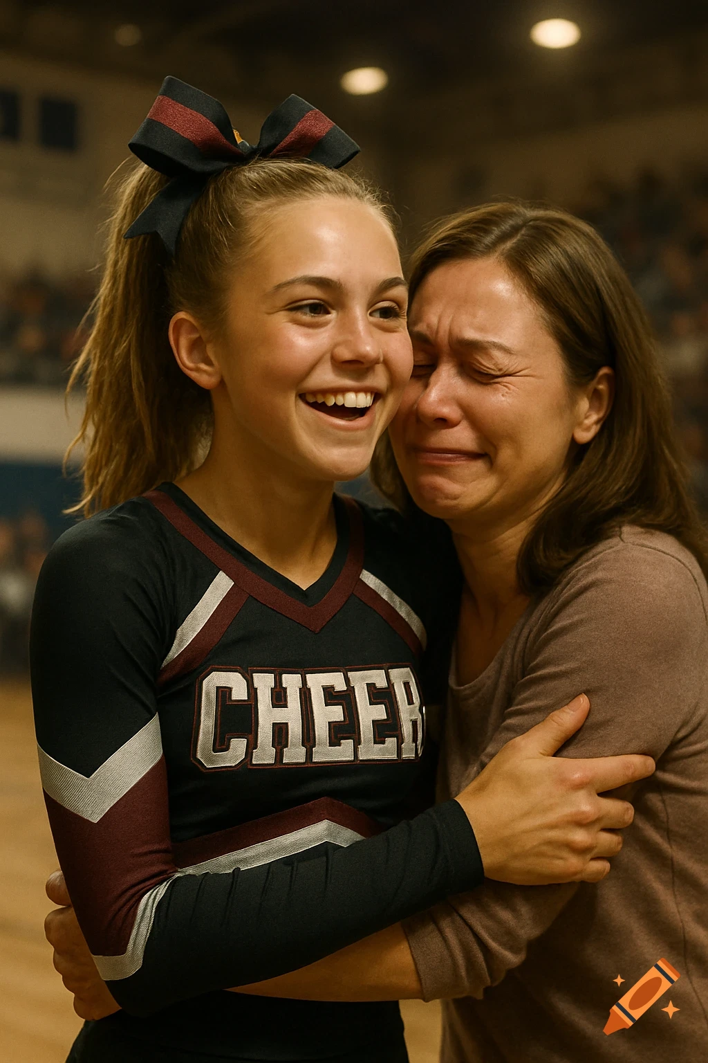 A joyful cheerleader in a black and maroon uniform hugs her proud mother, who is crying tears of joy, in a realistic indoor scene.